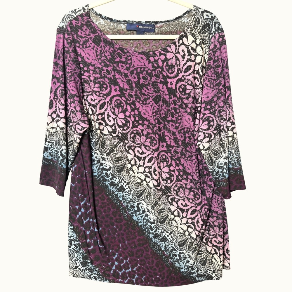 Denim 24/7 Tunic Womens Large Paisley Floral Animal Print Ruched Stretch